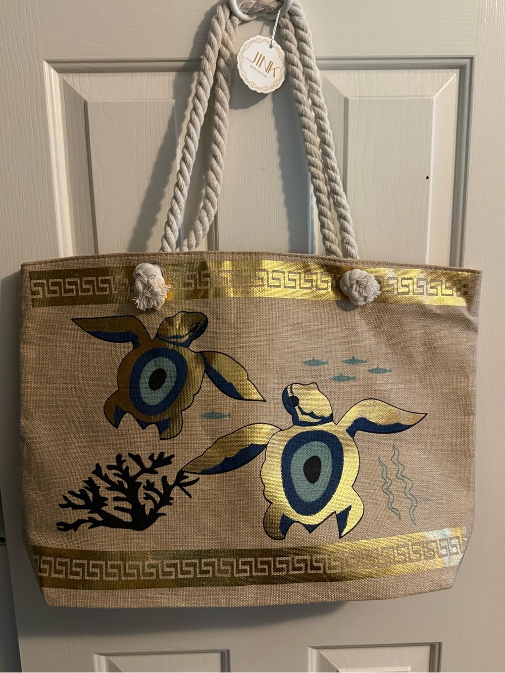 Greek Evil Eye Blue/Beige/Gold Turtle Themed 
22"x15" Tote
Imported from Greece